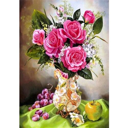 5D DIY diamond painting rose vase round diamond mosaic, home decoration, handmade wall decoration