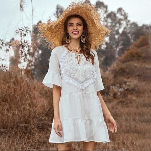 White Embroidery Dresses Summer Ruffles Tassel Women Short Sleeve Casual Beach Sundress Sexy Flare Sleeve Mini Loose Dress