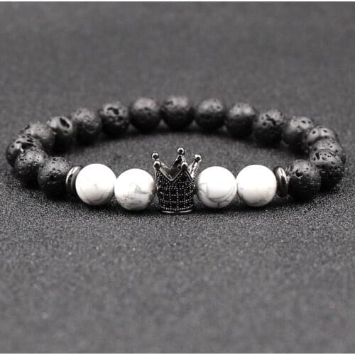 Noble 8mm Natural Black Volcanic Lava Stone Beads distance white Bracelet Pave CZ cross Bracelets for Women&Men Charm Jewelry