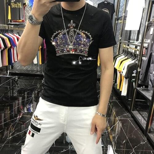 Diamond Printing Shiny Mens T-Shirt Sweatshirt Breathable Pure Cotton Round Neck Trendy Loose Top