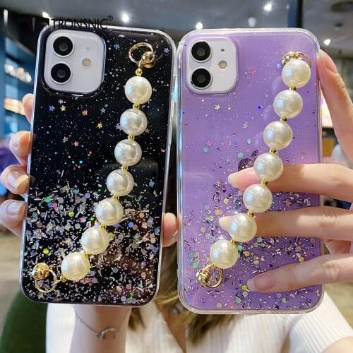 Glitter Pearl Chain Phone Case for iPhone 12 11 Pro Max XR Xs MAX Soft Purple Pink Dots Wrist Case for iPhone 7 8 Plus Cover Hot