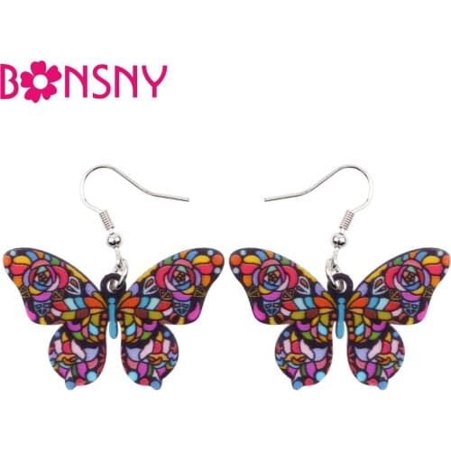Bonsny Big Long Acrylic Floral Butterfly Insect Earrings Drop Dangle Fashion Animal Jewelry For Girl Women Ladies Gift Wholesale