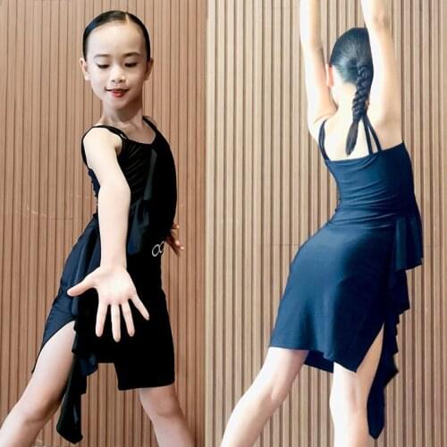Latin Dance One Piece Dress For Girls Performance Costume Ruffle Fringe Black Dress Party Show Dancewear Kids Dance Clothes 4373