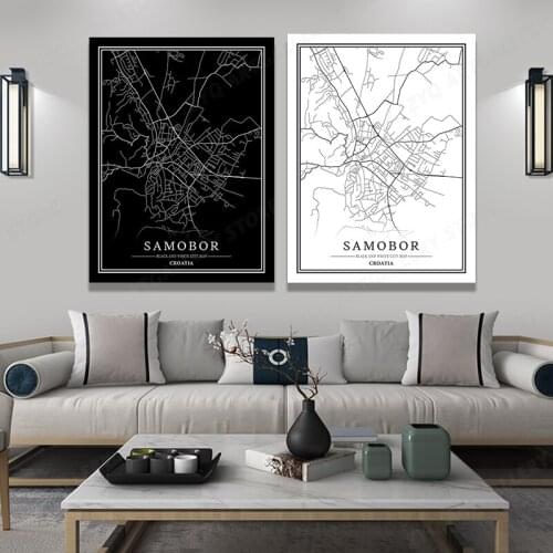 Black White World City Map Canvas Painting SAMOBOR City Line Wall Art Print Poster Room Decoration Picture