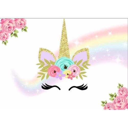 Floral Flowers Gold Unicorn Horn Rainbow Sky Baby Shower photo backdrop Vinyl cloth Computer print party background
