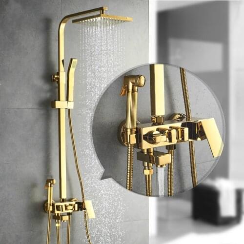 Shower System Polished Golden Four-speed Square Shower Set Copper Bathroom Shower Hot and Cold Shower Set Shower Head Set