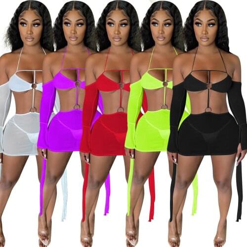 Echoine Women Sexy Mesh Beach Sundress Halter Cut Out Mini Dress Flare Long Sleeve Tassel Bandage Party Club Holiday Dresses