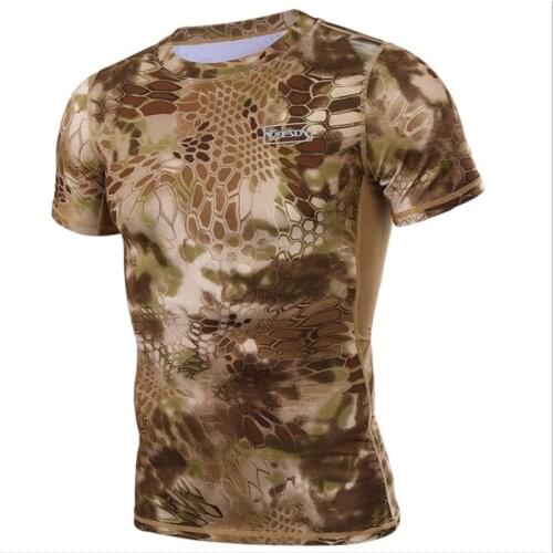 T-Shirt Shirts Tight Elastic O Neck Short Sleeve Tactical T Shirt Tops Outdoor Training Hiking Camouflage Quick Dry Breathable