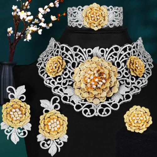 GODKI Big Fashion 4PCS Luxury Chokers Flowers African Jewelry Set For Women Wedding Party jewelry 2020 indian Dubai jewelry Sets