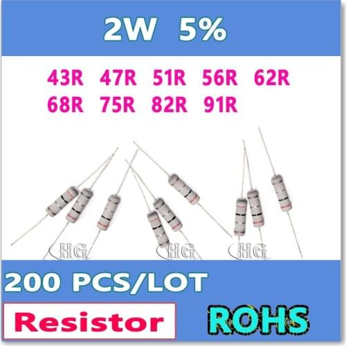 JASNPROSMA 200PCS/LOT 5% 2W 43R 47R 51R 56R 62R 68R 75R 82R 91R carbon film DIP OHM Resistor