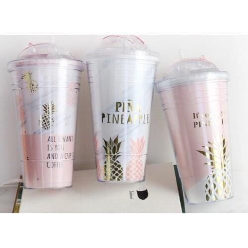 Creative Pineapple Print Pattern Pink Plastic Double-Layer Slide Cover Cups with Straw Large Capacity Portable Bottle for Water