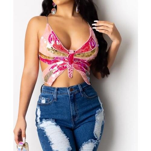 JMPRS Summer Sequined Women Crop Tops Multi Color Bandage Butterfly Sexy Summer Camis Fashion V Neck Female Tanks Streetwear