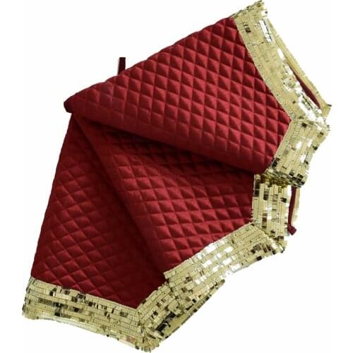 Linen Slub Look diamond check quilted Christmas tree skirt with sequin blingbling Border Gold/Burgundy/Green