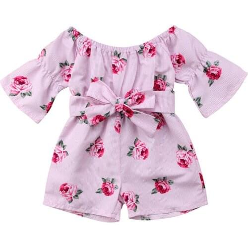 Fancy Pretty Toddler Girl Princess Romper Floral Print Off Shoulder Bow Knot Belt Jumpsuit Summer Clothes Long Sleeve Rompers