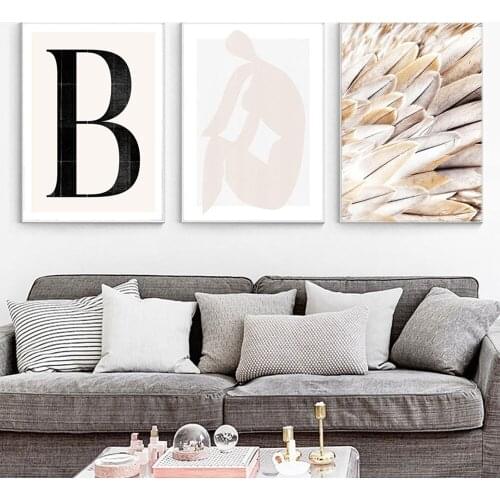 Fashion Woman Wall Art Letter B Posters and Prints Abstract Feather Canvas Painting for Living Room Home Decor