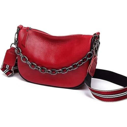 Fashion Womens Solid Color Genuine Leather Saddle Bag Chain Shoulder Bags 2021 New Broadband Messenger Bag Travel Women Handbag