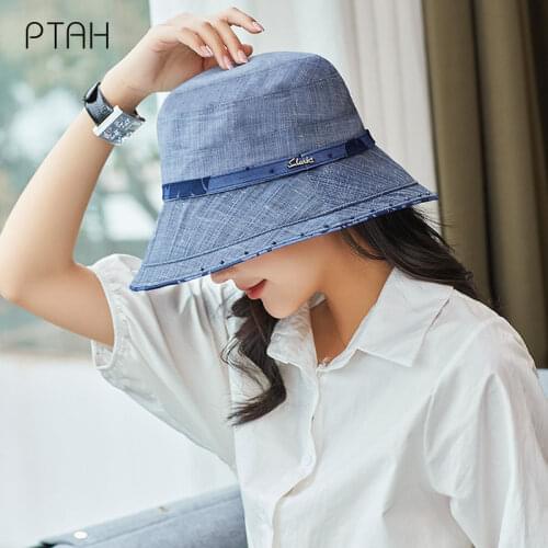 [PTAH] Fashion New Bucket Hats Womens UPF 50+ Cloth Cap Foldable Windproof Rope Beach Hats Breathable Sun Protection Cap Female