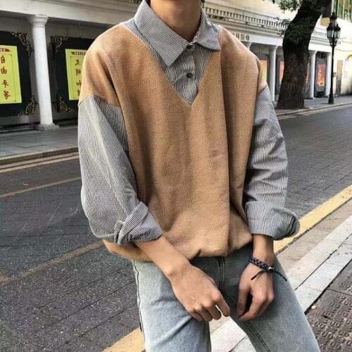 2021 Mens Fake Two Clothes Pullover Lapel Collar Knitting BF Korean Style Coats Top Student Sweaters Fashion Trend Outerwear