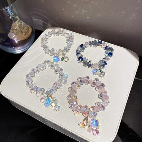 Minar Delicate Shiny Irregular Transparent Crystal Beaded Bracelets for Women Ladies Love Heart Pendant Bracelets Accessories