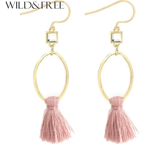 WILD & FREE New Fashion Long Thread Tassel Dangle Earrings Glass Beads Opal Geometric Shaped Drop Earrings Jewelry Bohemia Style