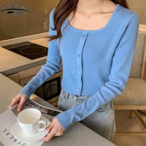New Autumn and Winter Single-breasted Slim Long Sleeve Sweater Women Square Collar Knitted Solid All-match Pullover Women 10986