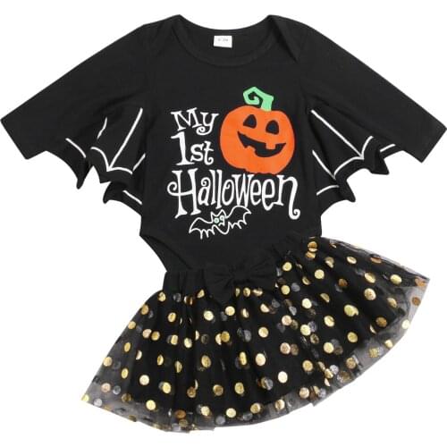 OPPERIAYA Autumn Baby Girls Two-piece Cotton Clothes Casual Set Halloween Black Batwing Sleeve Bodysuit and Dot Bow Yarn Skirt