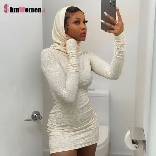 Autumn Turtleneck Beige Bodycon Mini Dresses Women Autumn Long Sleeve Hooded Dress Skinny Party Streetwear Winter Vestidos Mujer