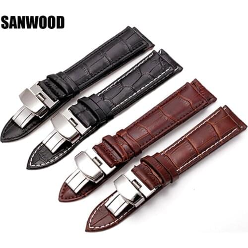 SANWOOD New Watch Black Watchbands Leather Strap Watch Band 18mm 20mm 22mm Foldable Clasp Wristband Watch Accessories Wristbands