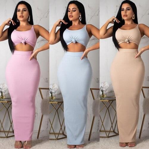Sexy European and American Slim solid color sling halter two-piece nightclub clothes
