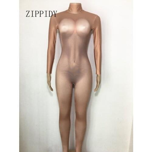 Sexy Nude Jumpsuit Leggings Womens Bodysuit One Piece Stage Costume Dance Party Singer Dancer Performance Rompers