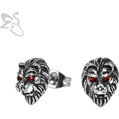ZS Punk Lion Stud Earrings with Red CZ Eyes Mens Stainless Steel Earring Small Hip Hop Earring Rock Roll Biker Animal Jewelry