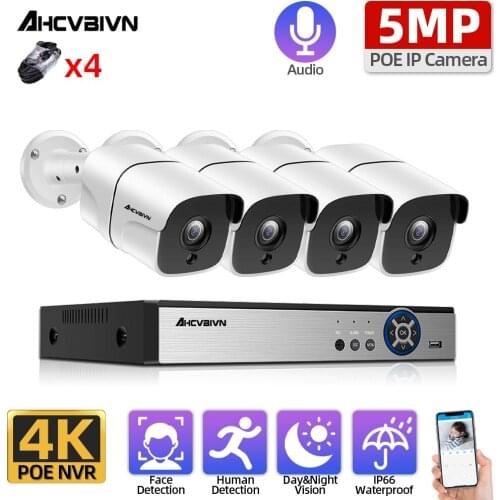 H.265 4CH 4K HD POE NVR Kit 5MP CCTV Security System Audio AI IP Camera Outdoor Day/Night Vision P2P Video Surveillance Set HDD