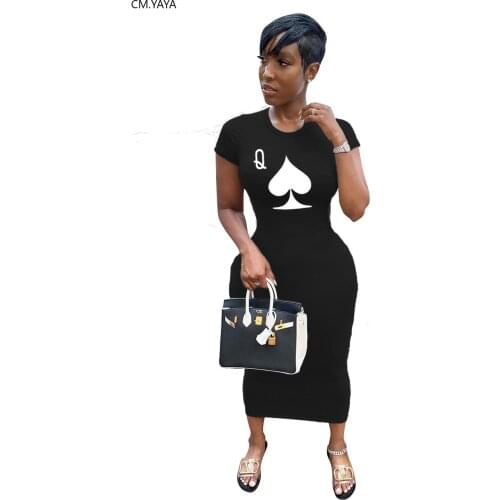 CM.YAYA Active Wear Short Sleeve Spade Q Print Women Short Sleeve Maxi Dress Vestidos Streetwear Fashion Long Dresses S-4XL