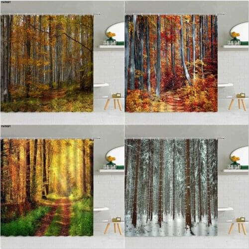 Misty Forest Trees Shower Curtain Green Natural Landscape Winter Scenery Bathroom Supplies Home Decoration Curtains With Hooks