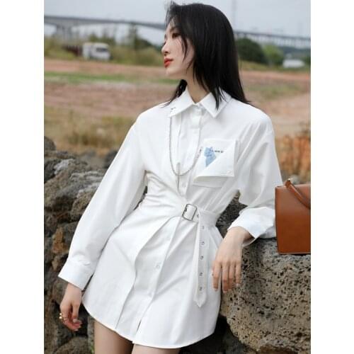 Lady Fashion Designer Cartoon Cat Print Chain Lapel Long Sleeve Shirt Mini Chic Dress Women Vestido de mujer