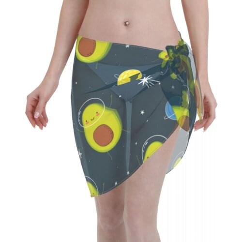 Womens Swim Wear Bikini Cover Up Avocado In Space Cartoon Beach Mini Wrap Skirt Sarong Pareo Shorts Summer Beachwear