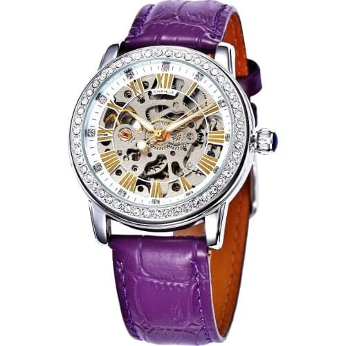 SHENHUA 2018 Ladies Diamond Women Watches Self Wind Brand Luxury White Purple Skeleton Transparent Automatic Mechanical Watch