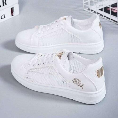 White Shoes for Women 2021 Breathable Summer New Mesh Board Shoes Versatile Thick Bottom Mesh Hollow Rose Mesh Surface Shoes