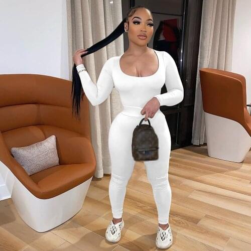 Brushed Fabric Solid Two Piece Set Women Sexy U Collar Long Sleeve Skinny T-shirt and Slim Fit Legging Autumn Winter Clothing