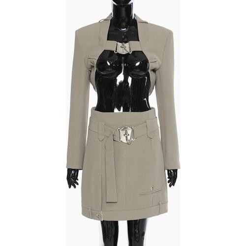 SeeBeautiful Two Pieces Metal Buckle Long Sleeve Short Coat Belt Half-body Skirt Set New Fashion Autumn 2021 Woman G106