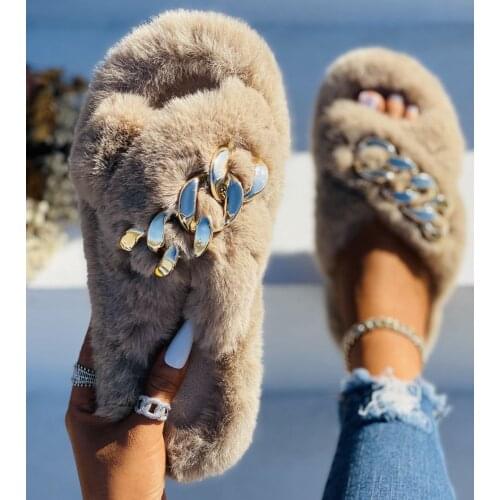 Winter Fashion Women Faux Fur Slippers Outdoor Slides Fluffy Cozy Furry Chain Platform Flat Thick Rubber Sole Ladies Shoes 2021