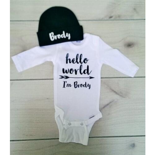 Personalized name newborn infant baby bodysuit onepiece Outfit beanie hat set coming Home toddler shirt party favors