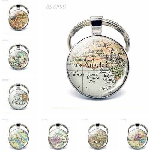 American Cities Map Glass Pendant Keychain Los Angeles Pittsburgh San Francisco Fashion Souvenir Keyring Jewelry Traveler Gift