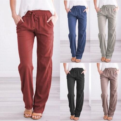 Summer Womens Cotton Linen Drawstring Loose Wide-Leg Pants Hot Sale Long Trousers With Pocket WDC4496