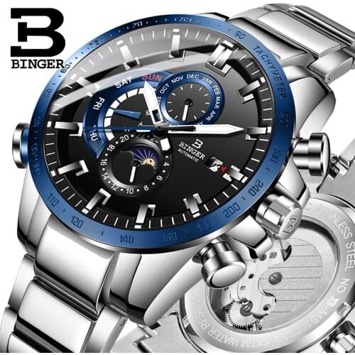Switzerland BINGER Brand Genuine Luxury Men Automatic Mechanical Sapphire Luminous Waterproof Full Steel Belt Male Fashion Watch