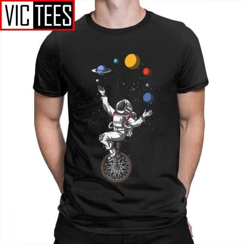 Man Men T Shirts Space Astronaut Riding Bicycle Juggling Solar System Planets Funny Short Sleeves Tees Tops Cotton T-Shirt