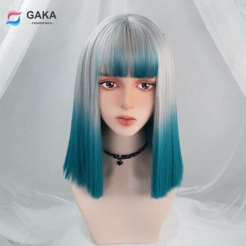 GAKA Womens Synthetic Hair Silver Grey Gradient Dark Blue Medium Length Heat Resistant Cosplay Wig with Bangs