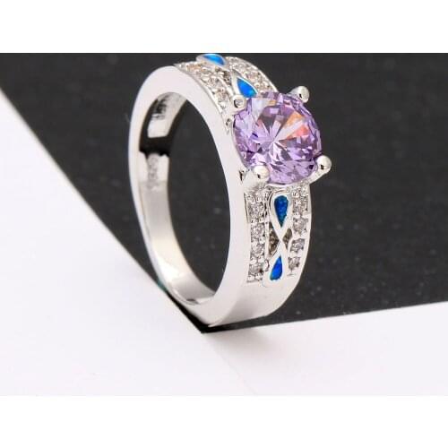 Hainon Silver Color Filled Round Blue/Purple Fire Opal Rings for Women Vintage Fashion Jewelry White Zircon Birthstone Rings
