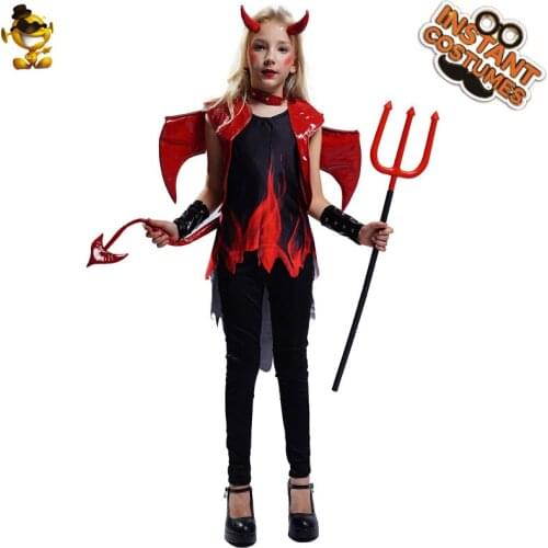Devil Girls Costume Leather Red Devil Dresses Halloween Cosplay Costumes for Kids Purim Role Play Outfits Fancy Dress