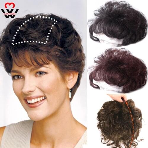 MANWEI Short Wave Synthetic hair Topper With Bangs Clip In Hair Extensions Black Brown Natural Fake Hair Pieces For Women